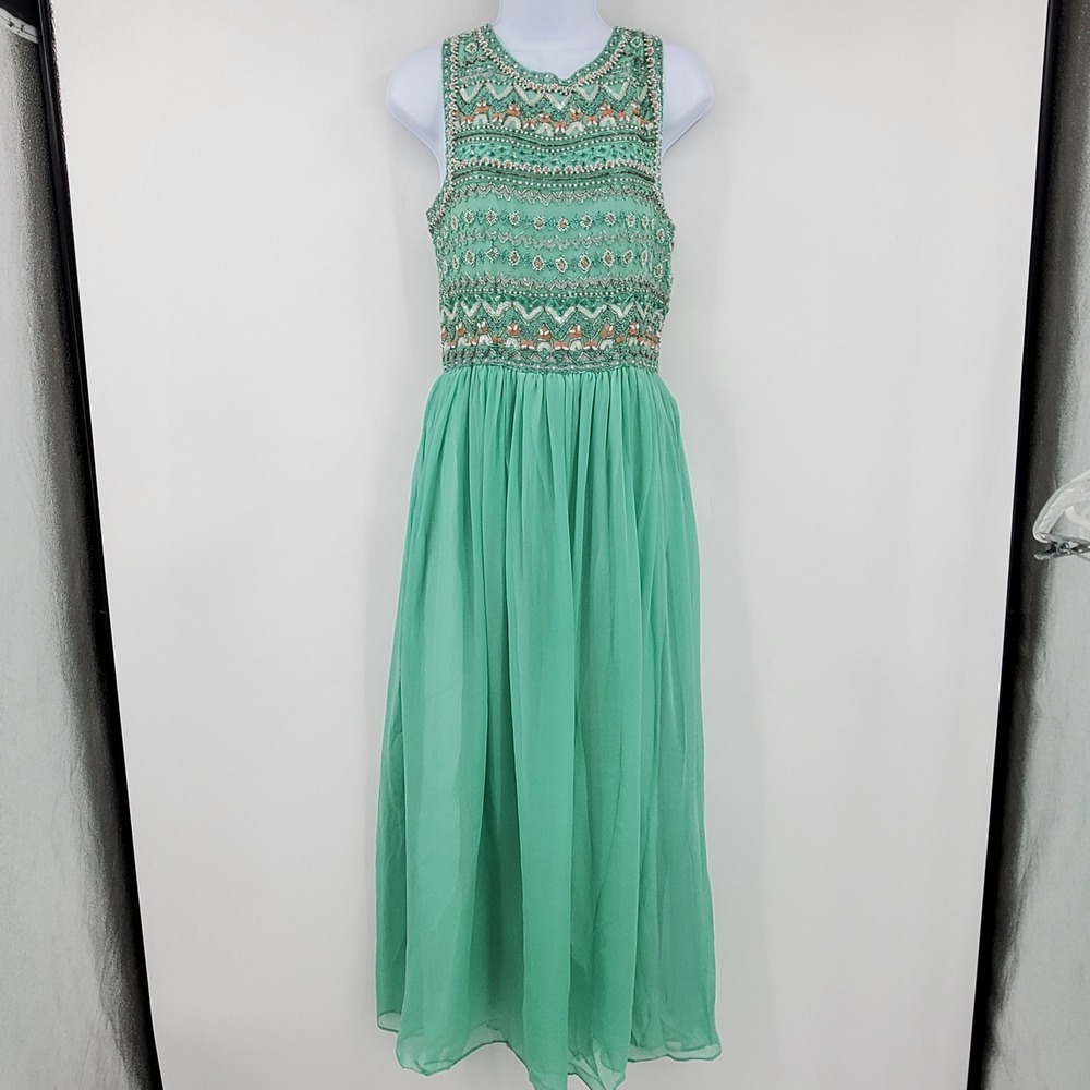 Adrianna Papell Evening Silk Beaded Maxi Gown Seafoam Green Size 4 Formal Dress